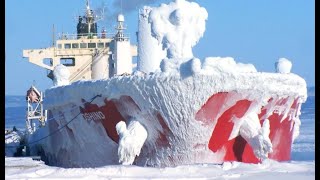 LARGE ICEBREAKER SHIPS ON ICE WAVES IN FROZEN STORM SCARY WINTER CYCLONE CRASH GLACIER ICEBERGS [upl. by Stine]