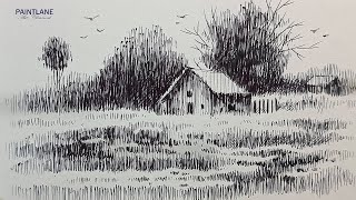 Landscape Drawing with Pen  Easy Pen Art [upl. by Eibo]