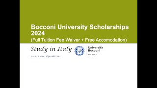 Bocconi University Scholarships 2024 in Italy Full Tuition Fee Waiver  Free Accommodation [upl. by Rebma]