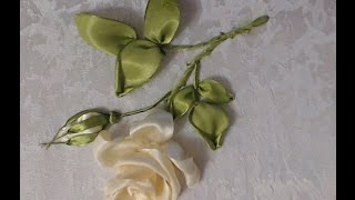 Вышивка лентами розы стебель листья бутон Embroidery ribbons rose stem leaf Bud Alsu Galimova [upl. by Incrocci907]