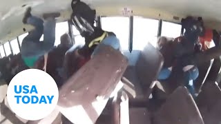 School bus flipped by street racing car in Albuquerque  USA TODAY [upl. by Enna]