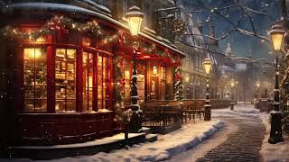 Christmas Jazz Music with Nightly Snow on Street at Cozy Coffee Shop ☕ Cozy Crackling Fireplace [upl. by Notyalc164]