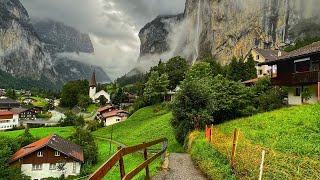 Lauterbrunnen Switzerland  Rainy walk in the most beautiful Swiss village  Fairytale village [upl. by Anaeel977]