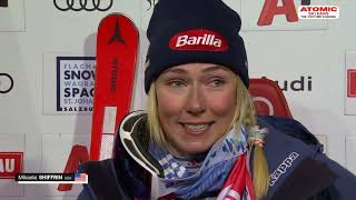 Mikaela Shiffrin 🇺🇸  Flachau women slalom Jan 16 2024 both runs  post race interview sheskis [upl. by Osicnarf279]