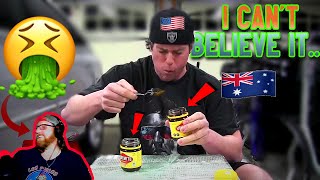 American Reacts to AMERICAN INHALES 2 VEGEMITE JARS IN 3 MIN [upl. by Sewoll]