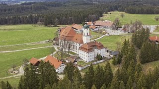 Wieskirche UNESCO Rococo masterpiece  Steingaden  Bavaria Germany  Drone aerial view [upl. by Langbehn]