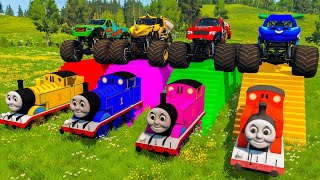 PAINT 4 THOMAS TRAINS vs Big amp Small Long Mack Truck with Long Slide Game vs Monster trucks  BeamNG [upl. by Ahsatam973]