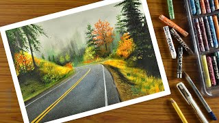 Oil pastel drawing road scenery  how to draw a beautiful lonely forest road with oil pastel [upl. by Gordie]