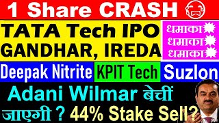 1 Share CRASH😭🔴 Adani Wilmar बेचीं जाएगी😱😮🔴Tata Tech IPO Latest GMP🔴Deepak Nitrite🔴KPIT Tech🔴Suzlon [upl. by Cody864]