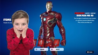 Me amp My 11 Year Old Kid Buying amp Unlocking NEW Fortnite IRON MAN MK 45 Skin Bundle amp NEW Battle Pass [upl. by Zerelda31]