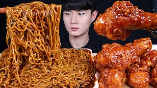 짜파구리 양념 치킨 먹방ASMR MUKBANG SPICY BLACK BEAN NOODLES amp FRIED CHICKEN チキン チャジャンラーメン eating sounds [upl. by Woolson]