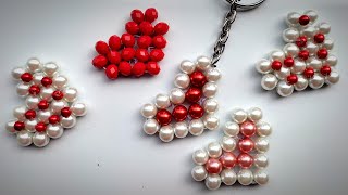 Beaded Heart Keychain  Pearl beaded keychain  Valentine gift  Beads craft ideas [upl. by Ahsatsana]