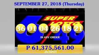 PCSO Lotto Results September 27 2018 Thursday  Super Lotto 649 Lotto 642 [upl. by Milena550]