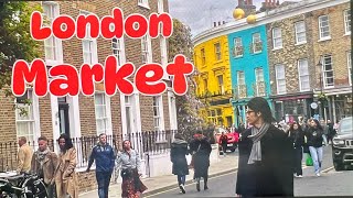 Portobello Road London Market in Notting Hill in UK 🇬🇧 Walking Tour Vlog Shopping Antiques [upl. by Martz]