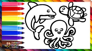 Disegnare E Colorare Animali Marini Un Delfino Una Tartaruga E Un Polpo 🌊🐬🐢🐙🌈 Disegni Per Bamb [upl. by Ayet]