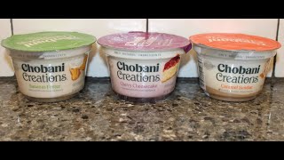 Chobani Creations Greek Yogurt Bananas Foster Cherry Cheesecake amp Caramel Sundae Review [upl. by Heidie]