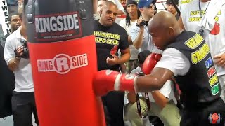 FLOYD MAYWEATHER JR WRECKING HEAVY BAG TRAINING FOR VICTOR ORTIZ MAYWEATHER WORKOUT VIDEO [upl. by Ellasal]