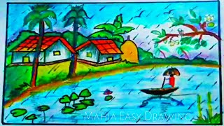 How to draw scenery of rainy seasonRainy Season Scenery easyBorsa kaler Drawingবৃষ্টি দিনের দৃশ্য [upl. by Schilt30]