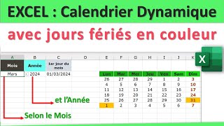 Calendrier dynamique sur Excel avec jours fériés en couleur 👍 [upl. by Eelahs1]