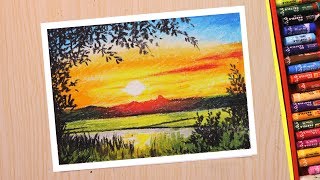 Oil pastel drawing for beginners  Scenery drawing of beautiful sunset in Hindi [upl. by Nerro908]