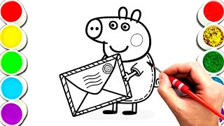 Peppa pig with envelope drawing and coloring for kids and toddlers Easy peppa pig drawing [upl. by Hgielyk]