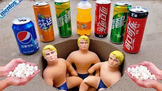 Coca Cola Different Fanta Mtn Dew PepsiSprite and Stretch Armstrong vs Mentos in Big Underground [upl. by Lohrman73]