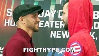 LOMACHENKO CRACKS UP DURING FACE OFF WITH JOSE PEDRAZA STARES HIM DOWN WITH A SMILE [upl. by Gilli]