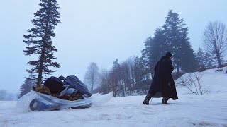 Hot Tent Snow Camp in the Forest Wood stove Winter camping in tent with stove buttery roasting [upl. by Ecenahs]