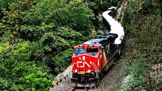 HUGE CPKC amp CN FREIGHT TRAINS CURVING THRU THE CANYON W SPECIAL LITTLE YARD UNIT [upl. by Arrakat27]