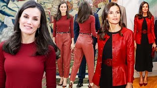 QUEEN LETIZIA LOOKED CHIC IN A RED LEATHER JACKET IN MADRID [upl. by Nylirrej]