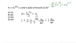 AP Calculus AB If x  3y13  y what is dydx at the point 2 8 [upl. by Sayres234]