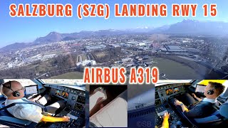 Salzburg SZG  scenic Airbus approach towards the alps to runway 15  pilots  cockpit view  4k [upl. by Ecirahs886]