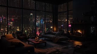 247 Gemütliches Schlafzimmer mit Regengeräuschen Kamin und nächtlicher Stadtlandschaft 🌧️🌃🔥 [upl. by Ehtnax]