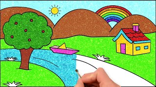 How to Draw Simple Scenery Landscape Picture  Glitter Painting for Kids  HooplaKidz How To [upl. by Hesper]