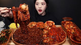 SUB꾸덕촉촉 진진짜라에 불닭팽이버섯 불닭가리비 먹방🔥 파김치까지 꿀조합 리얼사운드 JjajangRamyeon amp Buldak Enoki Mushroom Mukbang Asmr [upl. by Reivazx915]