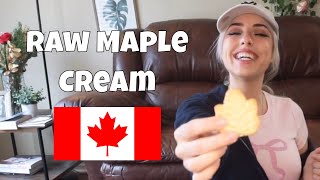 International Tastetest Eating raw maple cream cookies from Canada  World Snack Tour [upl. by Trauner387]