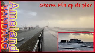 Storm Pia op de pier  Water Waddenzee stuift over de veerdam bij Nes  Ameland [upl. by Thetes790]