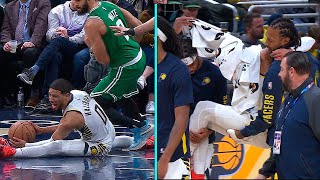 Tyrese Haliburton carried to the locker room after slipping on the floor 🙏 SCARY INJURY [upl. by Quent]