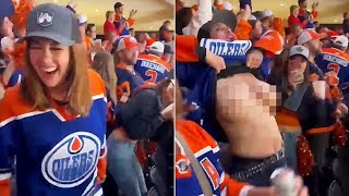 Oilers Fan Flashes Crowd Uncensored  American Podcasters React [upl. by Ilrak520]