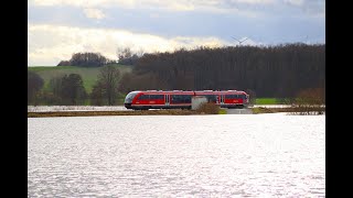 Hochwasser in der WetterauDB Regio 642 Dieseltriebwagen auf der Niddertalbahn bei Nidderau Eichen [upl. by Aitam]