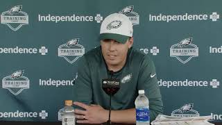 Eagles OC Kellen Moore Highlights QB Evaluation WR Depth amp Offensive Line Positives in Camp [upl. by Sew]