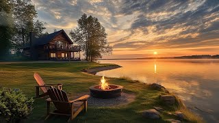 Sweet Nature Sounds🌤️Calm Lake Views Birdsongs amp Fire Crackling Sounds For Relaxation Sleep [upl. by Pare]