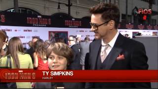 Ty Simpkins and Robert Downey Jr Iron Man 3 Premiere Interview [upl. by Arenahs]