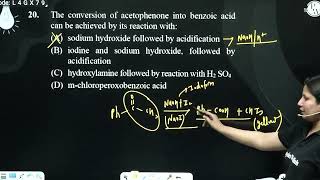 The conversion of acetophenone into benzoic acid can be achieved by its reaction with [upl. by Oryaj]