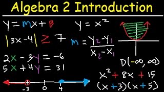 Algebra 2 Introduction Basic Review Factoring Slope Absolute Value Linear Quadratic Equations [upl. by Adal]