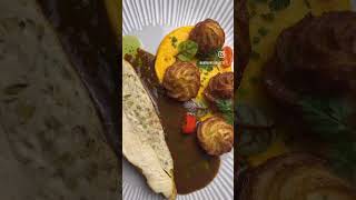 Chicken ballotine with green olive carrot mousseline and dauphine potatoes food cooking recipe [upl. by Ninaj]