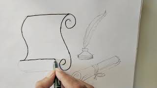 How to draw Parchment Scroll And Feather pencil pen easy Step by step drawing [upl. by Monafo299]