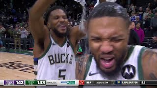 Bucks star Damian Lillard reacts after buzzer beater 3 to beat Kings [upl. by Orimar]