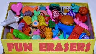 Whats in the box Old FUN ERASERS from the 1980s Dinosaurs Food Holiday Sports Animals  more [upl. by Aremat]