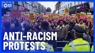 AntiRacism Protest Erupts in UK Fearing More Riots  10 News First [upl. by Sussi]